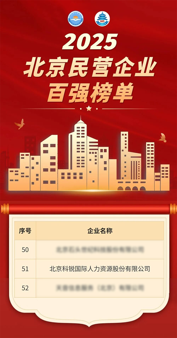 人力资源公司非凡国际
荣登北京市工商联发布的2025北京民营企业百强榜单